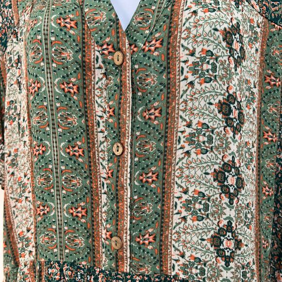 Easel Floral Earthy Geometric Babydoll Dress Sage Green Retro Flair Indie Sz 1X - Picture 8 of 11